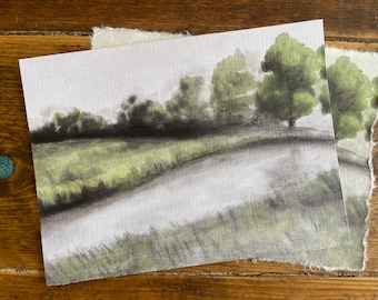 Watercolor Print Charcoal Pond Trees Shrubs Grass Landscape Painting