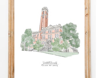 Vanderbilt University Kirkland bell clock tower Founded 1873 & Class of 2024 Digital Watercolor Graduation Gift Print PDF JPEG Download 8x10