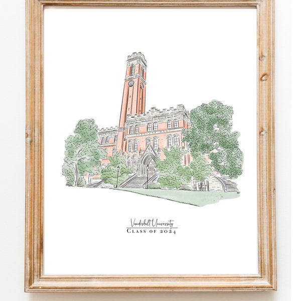 Vanderbilt University Kirkland bell clock tower Founded 1873 & Class of 2024 Digital Watercolor Graduation Gift Print PDF JPEG Download 8x10