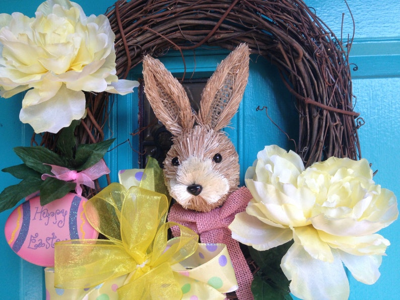 Bunny Wreath,Door wreath Easter Rabbit Wreath Spring Wreath Easter Grapevine Wreath with Bunny soft yellow peonies and wooden Easter egg