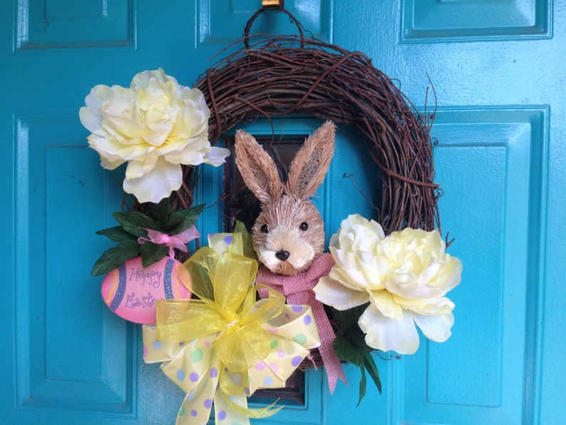 Bunny Wreath,Door wreath Easter Rabbit Wreath Spring Wreath Easter Grapevine Wreath with Bunny soft yellow peonies and wooden Easter egg