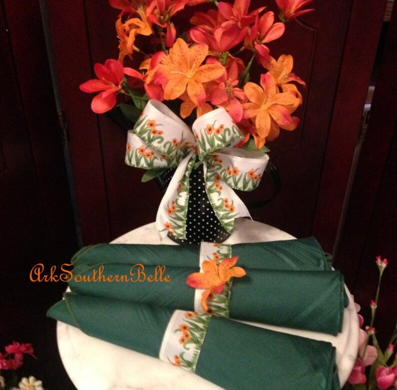 Dining Table Decor Orange Silk Tiger Lilies w black spots White ribbon w orange flowers Orange wedding, Orange TIGER LILY NAPKIN Rings