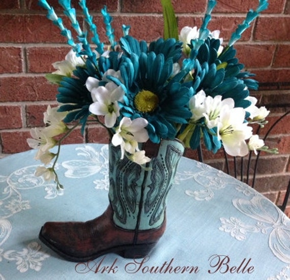 Cowboy Boot Floral Arrangement Turquoise Brown Cowboy Boot Etsy