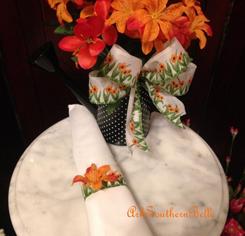 Dining Table Decor Orange Silk Tiger Lilies w black spots White ribbon w orange flowers Orange wedding, Orange TIGER LILY NAPKIN Rings