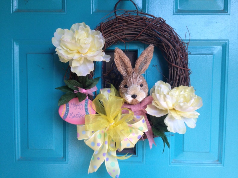 Bunny Wreath,Door wreath Easter Rabbit Wreath Spring Wreath Easter Grapevine Wreath with Bunny soft yellow peonies and wooden Easter egg
