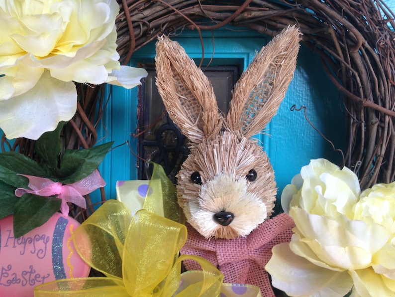 Bunny Wreath,Door wreath Easter Rabbit Wreath Spring Wreath Easter Grapevine Wreath with Bunny soft yellow peonies and wooden Easter egg