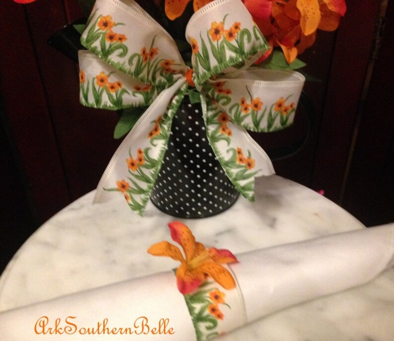 Dining Table Decor Orange Silk Tiger Lilies w black spots White ribbon w orange flowers Orange wedding, Orange TIGER LILY NAPKIN Rings