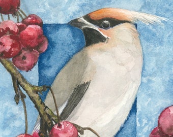 Cedar Waxwing, bird, Audubon, flock, nature, birdwatcher, art print, watercolor, birds
