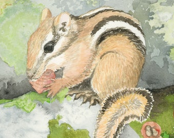 Chipmunk Wonderland Card, woodland, forest, chipmunk, watercolor, art print, card