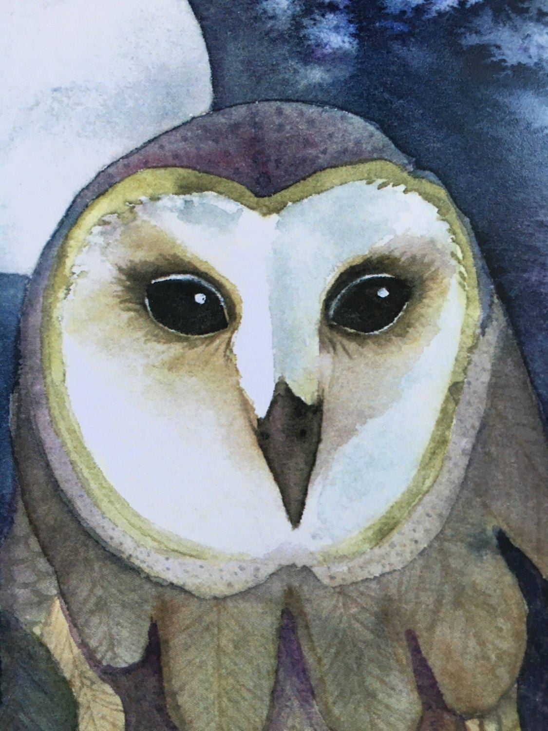 Sleepy Owl Watercolor Print, Purple Zentangle Wings, 5x7 Matted Art