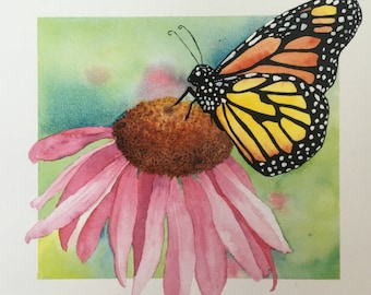 May include: A watercolor painting of a monarch butterfly with black and orange wings landing on a pink coneflower with a brown center.