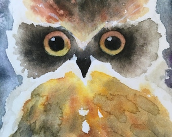 Watercolor Owl Print, Night Sky Whimsical Art (8x10 Matted)