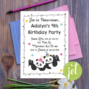 INSTANT Download, Panda Birthday Invitation, Personalized Digital Panda-Monium, 5x7, Pdf, JPG, PNG