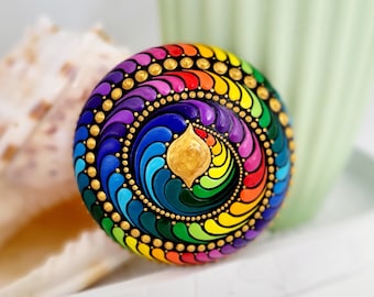 Rainbow Mandala Stone | Dot Painted Mandala Home Decor | Rainbow Art | Dot Mandala Art