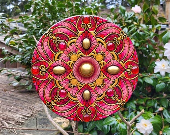 Mandala Dot Art Painting on Canvas | 10 cm Mandala Wall Art | Home Decor | Red and Gold Mandala