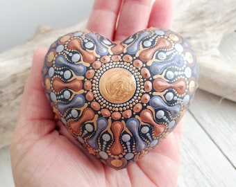 Mandala Dot Art Stone | Hand Dot Painted Mandala Heart | Dot Mandala Home Decoration | Neutral Colours Mandala