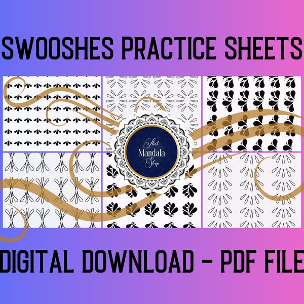 Feuilles de pratique Swooshes | Téléchargement numérique - Fichier PDF | Point Mandala Art | Ensemble de 9 feuilles de pratique Swooshing | Téléchargement instantané