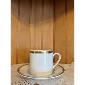 Vintage Fitz & Floyd Palais Demitasse Cup and Saucer Gold Stripe White Porcelain 1975