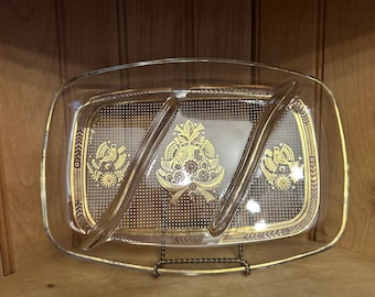 Vintage Georges Briard Sonata Gold Birds Divided Clear Glass Mid Century Tray