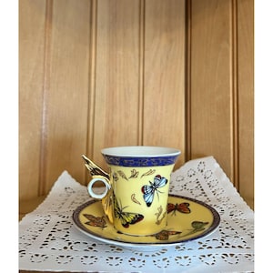 Vintage Fine Porcelain Espresso Yellow Butterfly Cup  Saucer Set Classic Coffee Tea Espresso