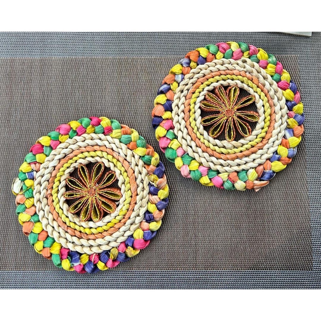 Handwoven Multicolor Rattan Straw Hot Pad Trivet Table Decor Boho ...