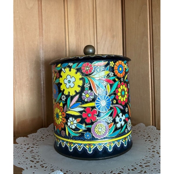 Vintage Daher Embossed Gold Brass Floral Chinoiserie Multi Colored Biscuit Tin Container Made in England