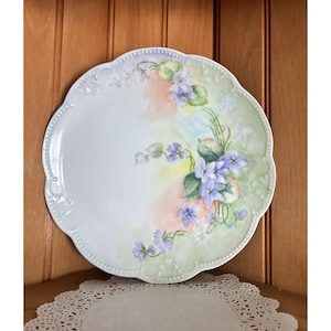 Antique Hand-Painted Porcelain Cake Plate Scalloped Edge Violet Floral Design Wall Decor Dinnerware