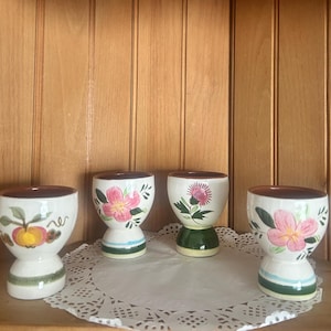 Vintage Stangl Pottery Egg Cups Fruit Pink Flowers Thistle Double Egg Cup