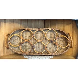 Vintage Woven Wicker Serving Tray Bamboo Handles
