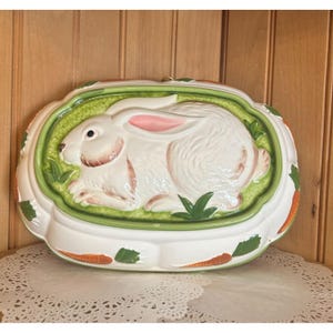 May include: A white ceramic bunny mold with a green and orange border. The bunny is in a resting position, with pink ears and brown accents. The border features green grass and orange carrots. A decorative piece for Easter.