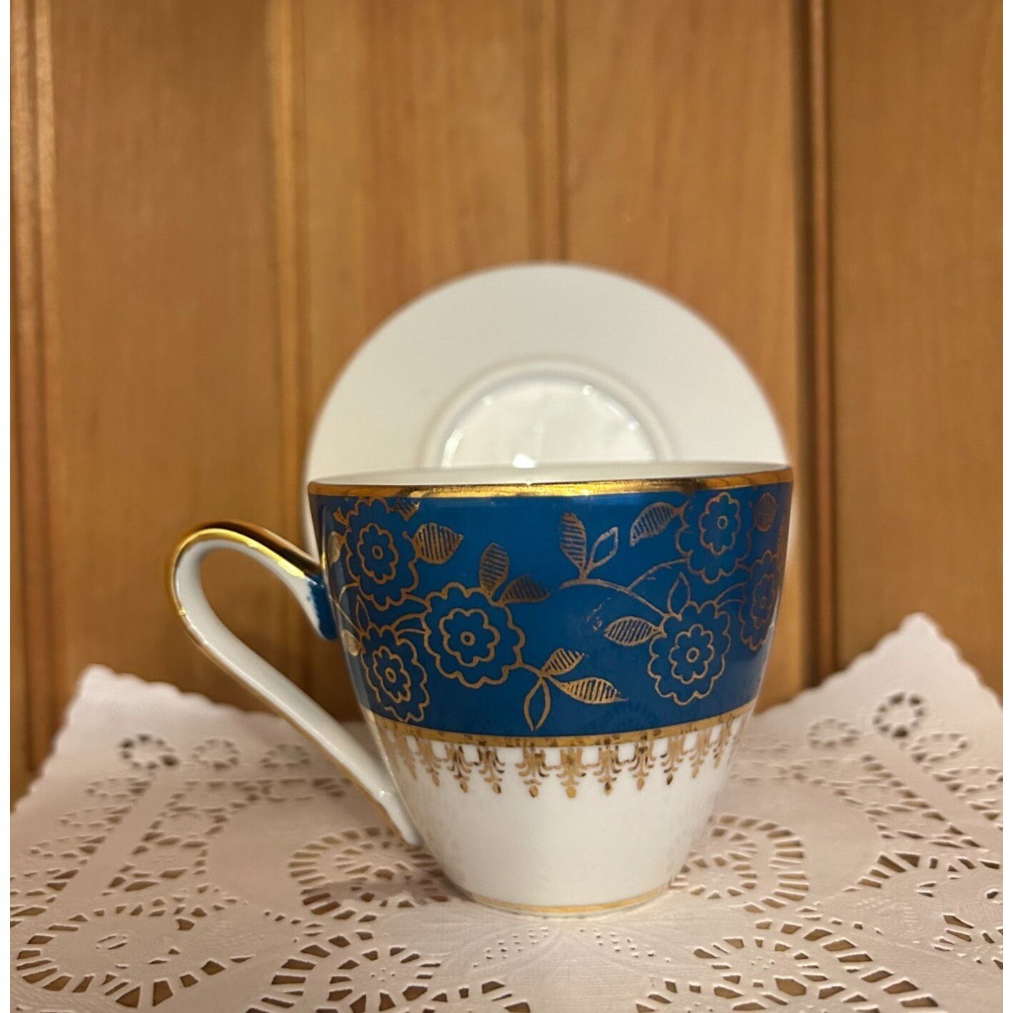 Vintage Teal Blue Gold Mismatched Teacup Saucer Sugar Spoon