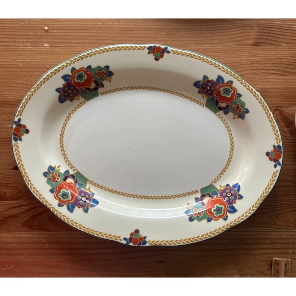 Antique John Maddock Royal Ivory Blue Orange Art Deco Floral Large Platter