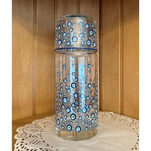 Bedside Table Tumbler Evil Eye Glass Carafe Set Clear Glass Blue Dotted Design Weighted Bottom