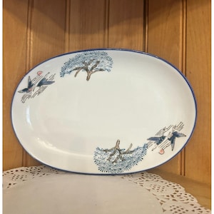Vintage Porcelain Flying Cranes Platter: Hand-Painted Japanese Ceramic Dish