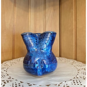 Studio Pottery Blue Colbalt Pinched Ceramic Vase Sculptural Design Artist Signed