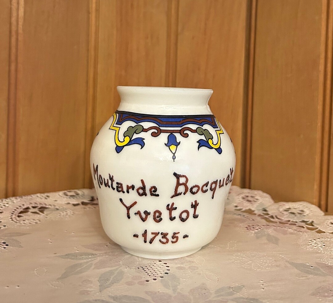 Vintage French Mustard Jar Milk Glass Moutarde Bocquet Yvetot 1735 France Collectible Condiment