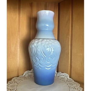 Vintage Art Deco Blue Ombre Ceramic Tall Vase Textured Floral Patterns Glossy Finish