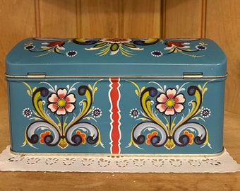 BergouistVintage Norwegian Folk Art Storage Hinged Biscuit Candy Blue Tin