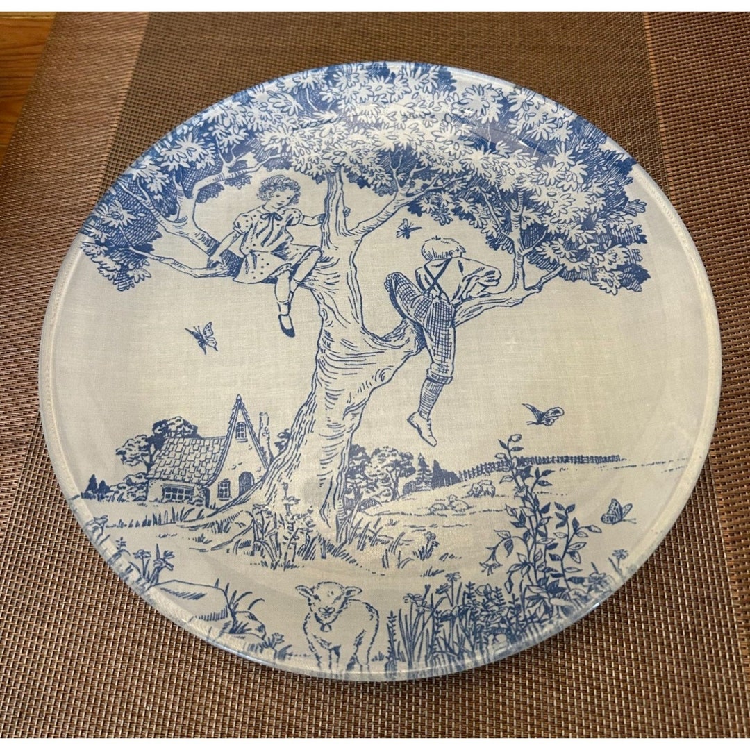 Dish Pattern Toile Vintage Reversed Decoupaged Blue White Toile Fabric Dish Bowl Children ...