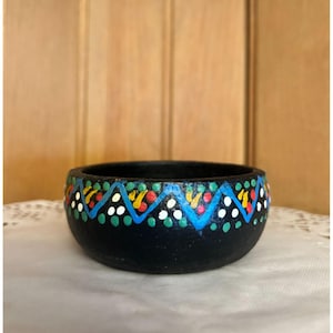 Handcrafted Black Clay Bowl Mandala Design Trinket Dish Votive Tea Lite Holder