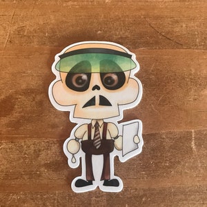 May include: A sticker featuring a cartoon skeleton character wearing a visor, shirt, tie, and suspenders. The skeleton is holding a notepad. The color palette includes beige, brown, and black.