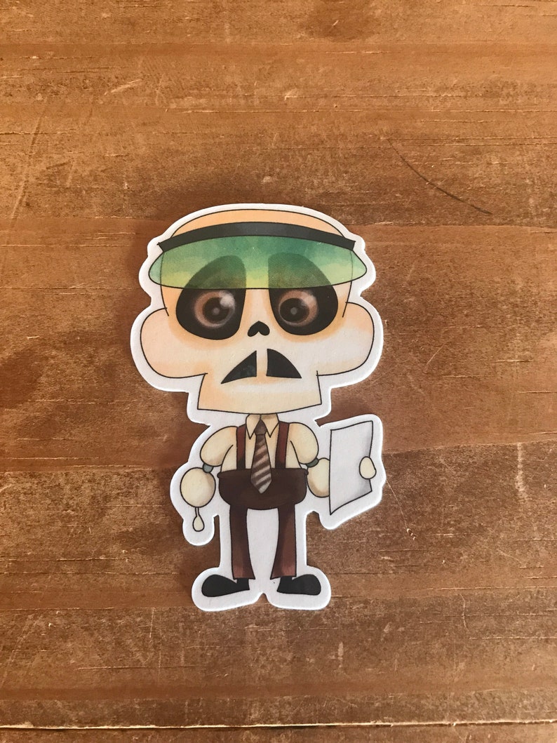 May include: A sticker featuring a cartoon skeleton character wearing a visor, shirt, tie, and suspenders. The skeleton is holding a notepad. The color palette includes beige, brown, and black.