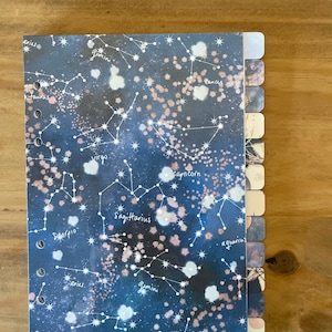 May include: A blue planner with a constellation design featuring the zodiac signs. The planner has a dark blue background with white stars and constellations. The zodiac signs are written in white and are visible throughout the design. The planner has a set of tabs on the right side, each with a different zodiac sign.