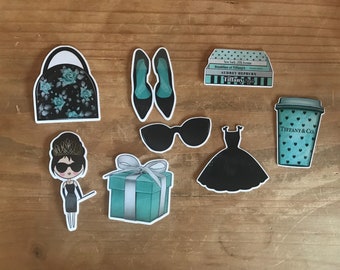 Breakfast at Tiffany's die cuts. Use these vibrant die cuts to decorate a planner, travelers notebook, scrapbook or party. Ephemera
