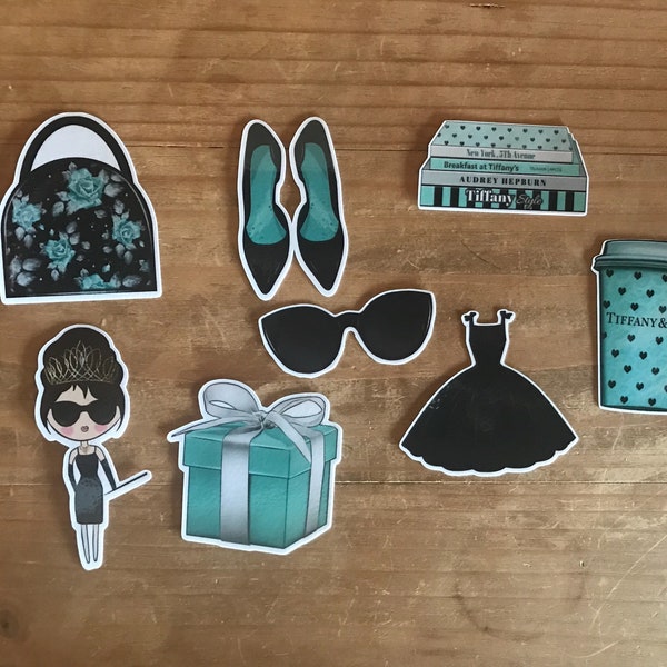 Breakfast at Tiffany's die cuts. Use these vibrant die cuts to decorate a planner, travelers notebook, scrapbook or party. Ephemera