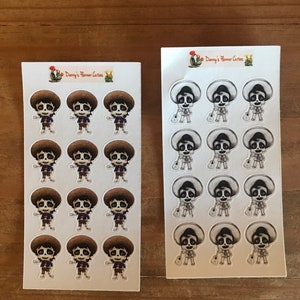 May include: Two sheets of stickers featuring cartoon characters. One sheet has characters with brown hats and outfits, the other has characters with sombreros and guitars. The stickers are on a white background with the text "Danny's Planner Cuties".