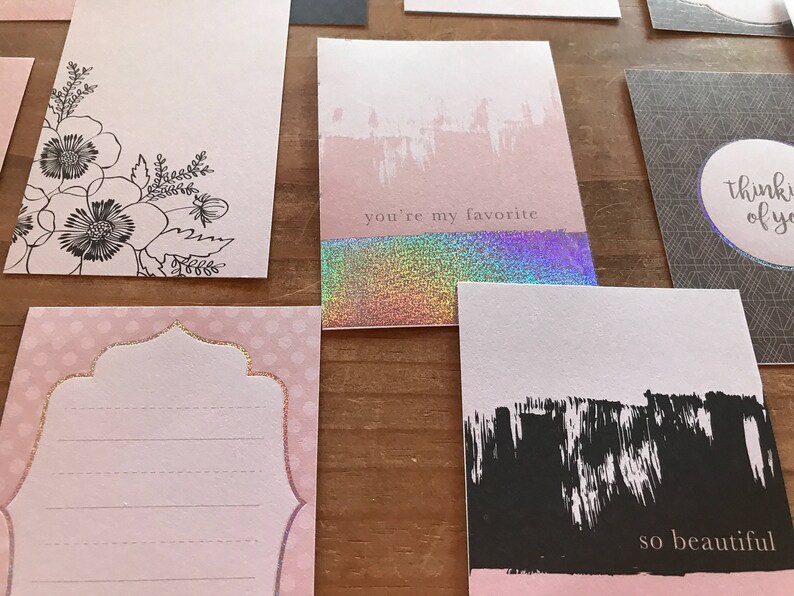 planner or memory book Holographic journal cards Similar to project life journaling cards Use in a scrapbook Blush pink and light grey