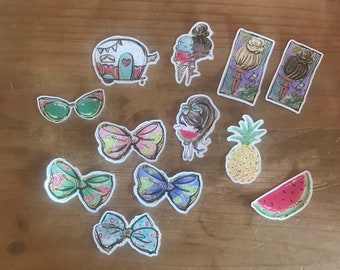 Beach girl die cuts and stickers. Available in cardstock, laminated cardstock, matte sticker or waterproof sticker. Party decorations