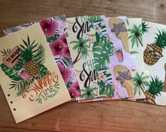 Tropical summer planner dividers. Dashboard plus 6 tabbed dividers. Available for pocket, personal, A5 planners. Mini, classic happy planner