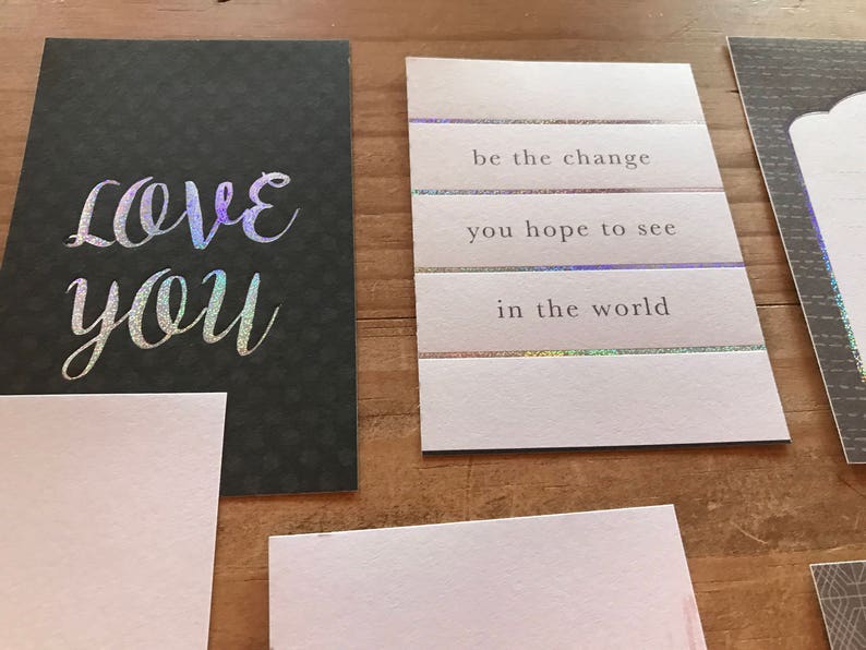 planner or memory book Holographic journal cards Similar to project life journaling cards Use in a scrapbook Blush pink and light grey